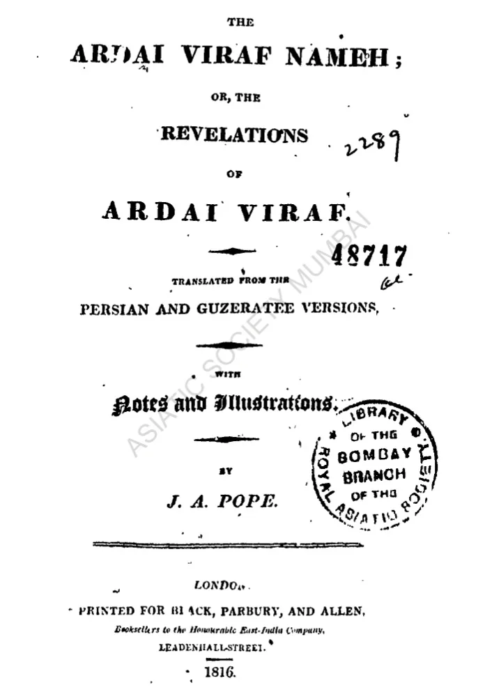 Title page of The Ardai Viraf Nameh by J.A. Pope, London, 1816