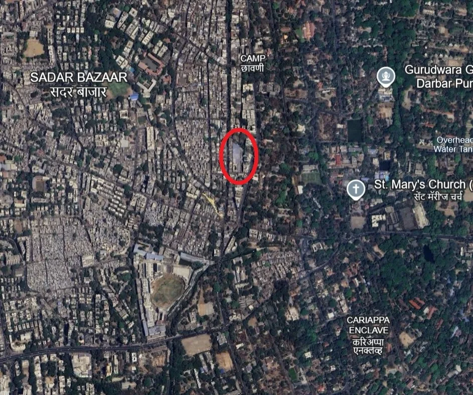 Google Maps satellite view of Pune Camp, 2026, with Fashion Street circled