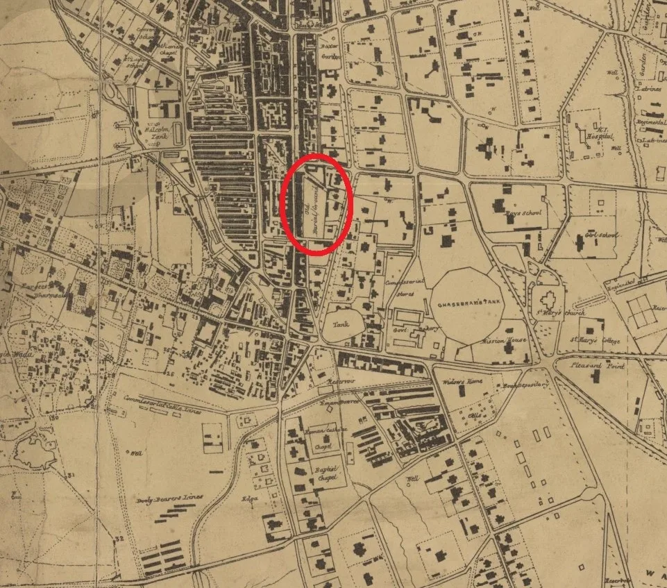 Plan of City and Cantonment of Poona, 1879, with Old Burial Ground circled