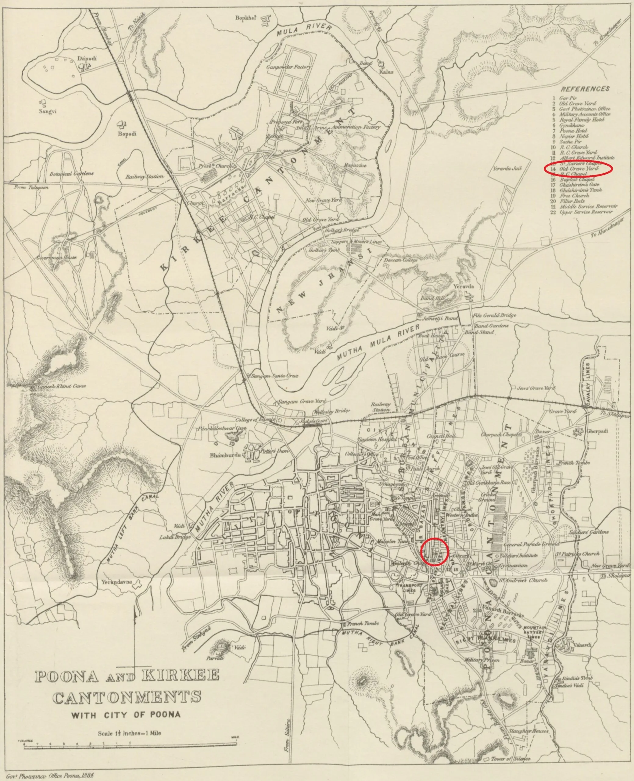Poona and Kirkee Cantonments map, 1884, with Old Grave Yard circled