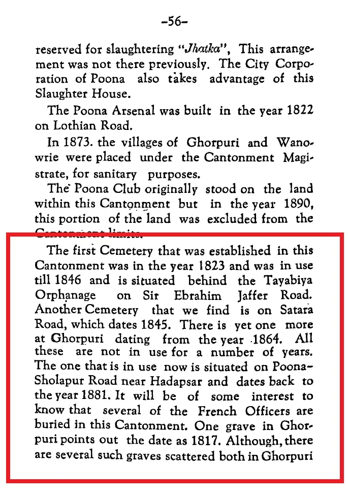 Page from History of Poona Cantonment by MH Moledina, 1953, mentioning the East Street Cemetery