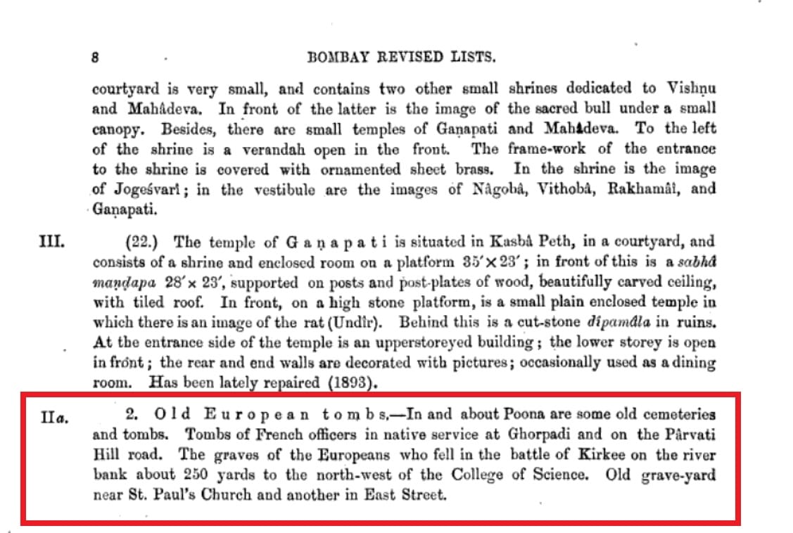 1897 Archaeological Survey of India entry listing the Old European tombs of Poona in the Revised Lists of Antiquarian Remains