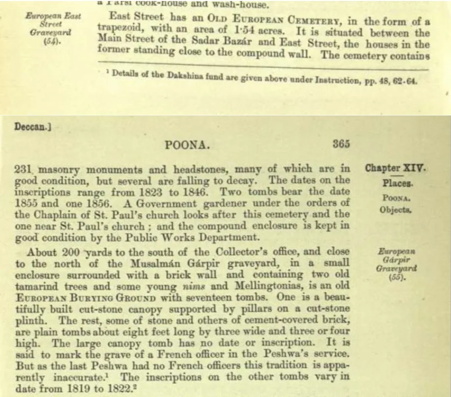 Scanned page from Gazetteer of the Bombay Presidency 1885 describing the East Street Cemetery