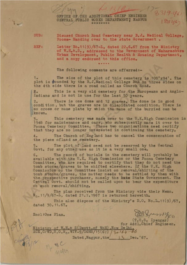 CPWD engineer's 1967 inspection note recording one dome and twelve graves at the Church Road Cemetery, Poona