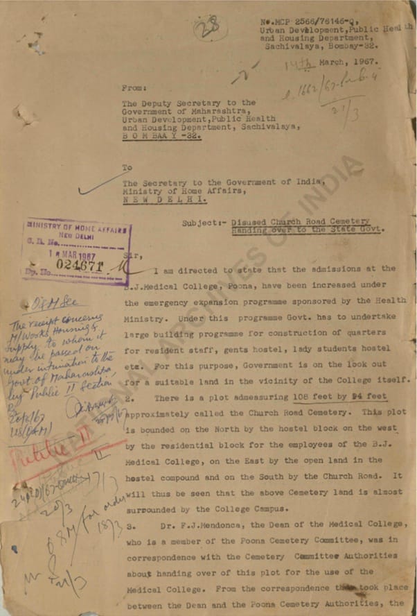 Maharashtra Government letter of 14 March 1967 requesting handover of the Church Road Cemetery plot to B.J. Medical College