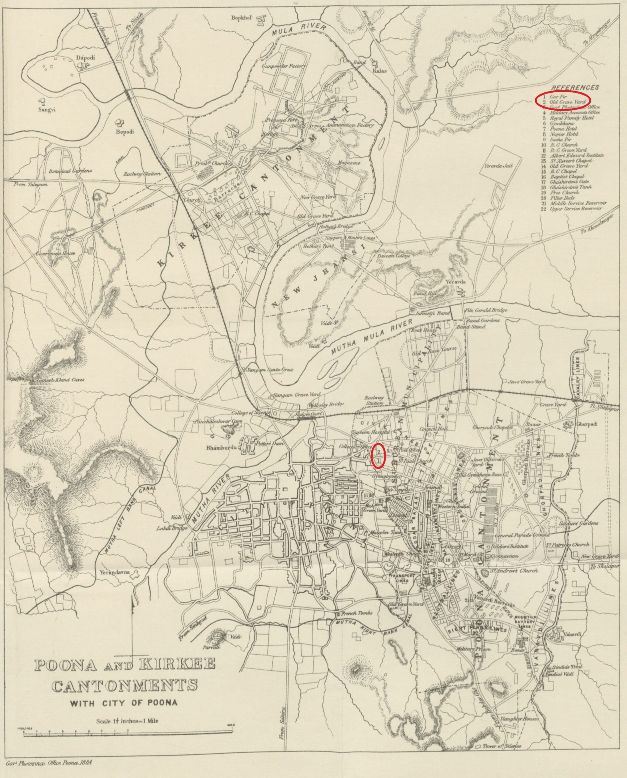 1884 survey map of Poona and Kirkee Cantonment marking an Old Graveyard on the site of the St. Paul's Church Road Cemetery
