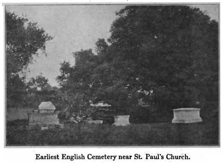 1916 photograph of the earliest English cemetery near St. Paul's Church, Poona, showing box tombs beneath old trees