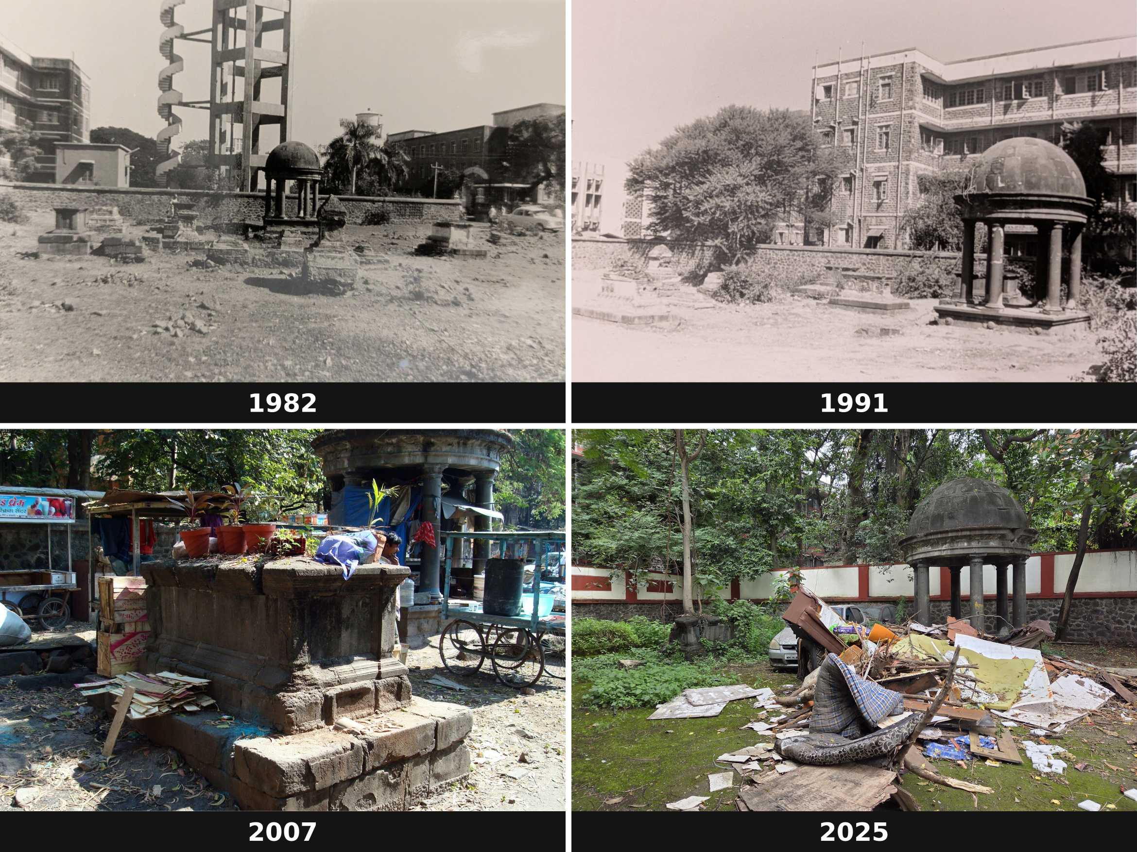 The Church Road Cemetery in Pune compared across 1982, 1991, 2007 and 2025, showing tombs disappearing around the dome