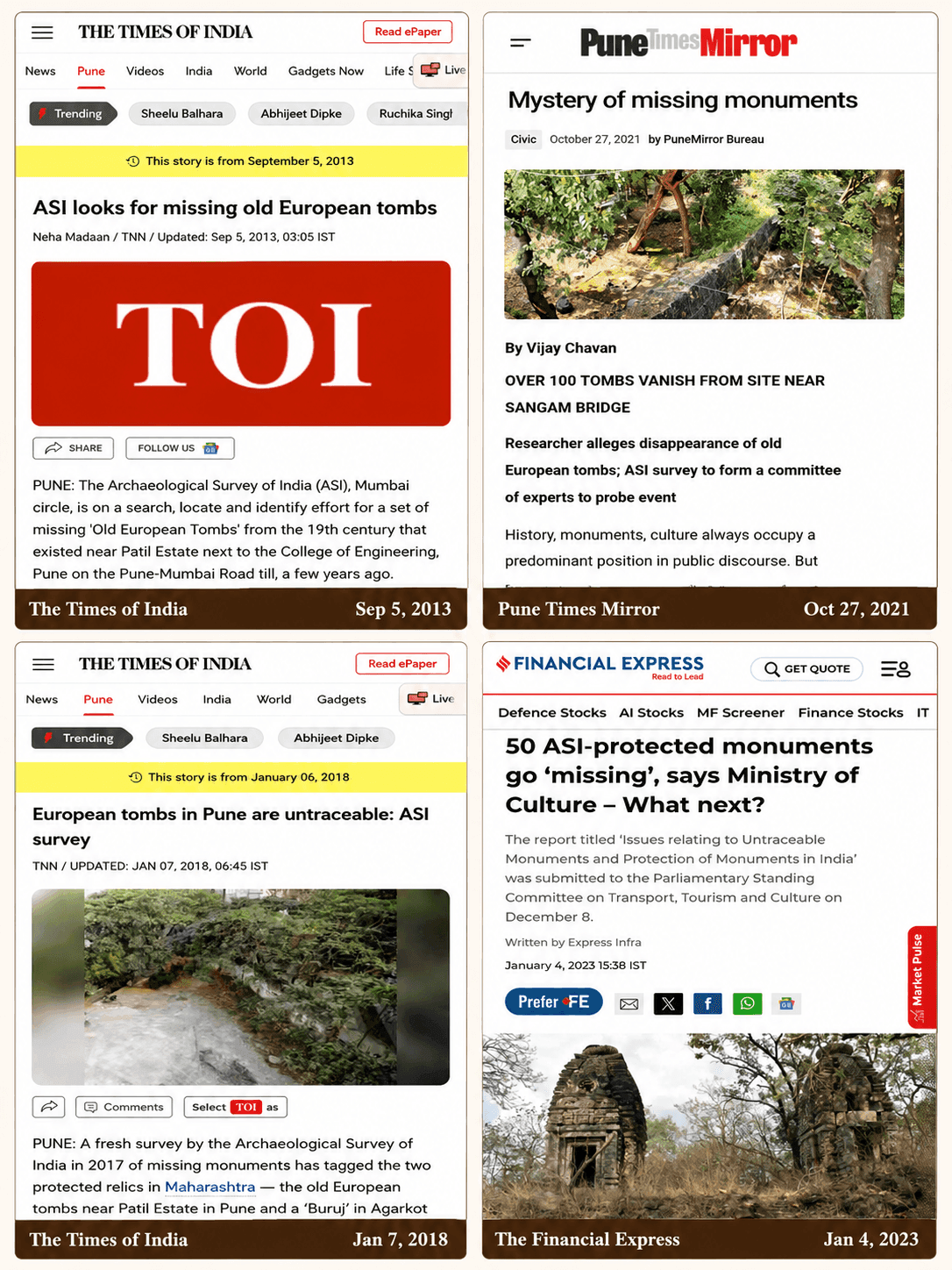 Press reports on the missing and untraceable Old European Tombs of Pune, including over a hundred tombs lost near the Sangam