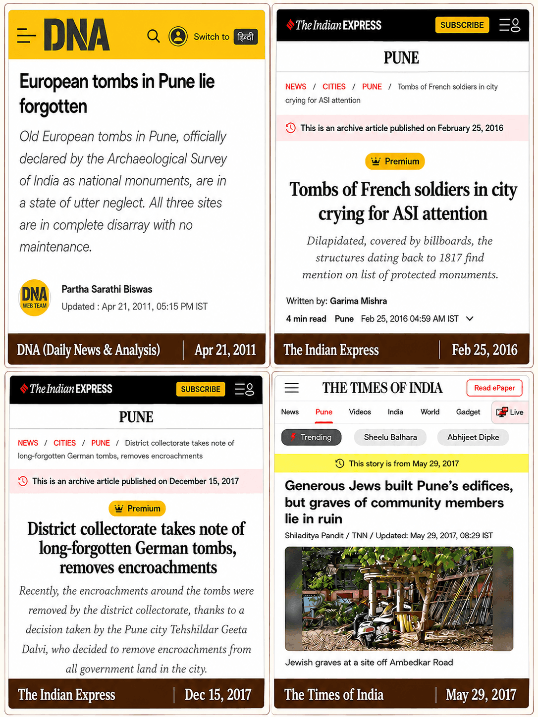 Four Pune newspaper reports variously describing the same old European tombs as German, French and Jewish graves