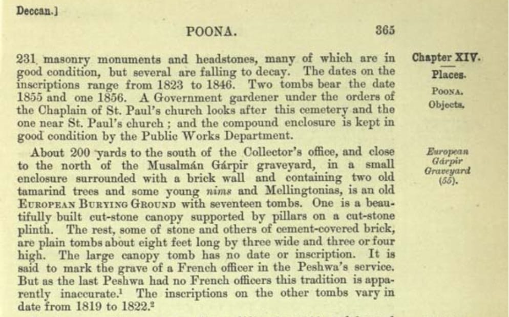 Entry for the European Garpir Graveyard in the 1885 Gazetteer of the Bombay Presidency, Volume XVIII, Poona